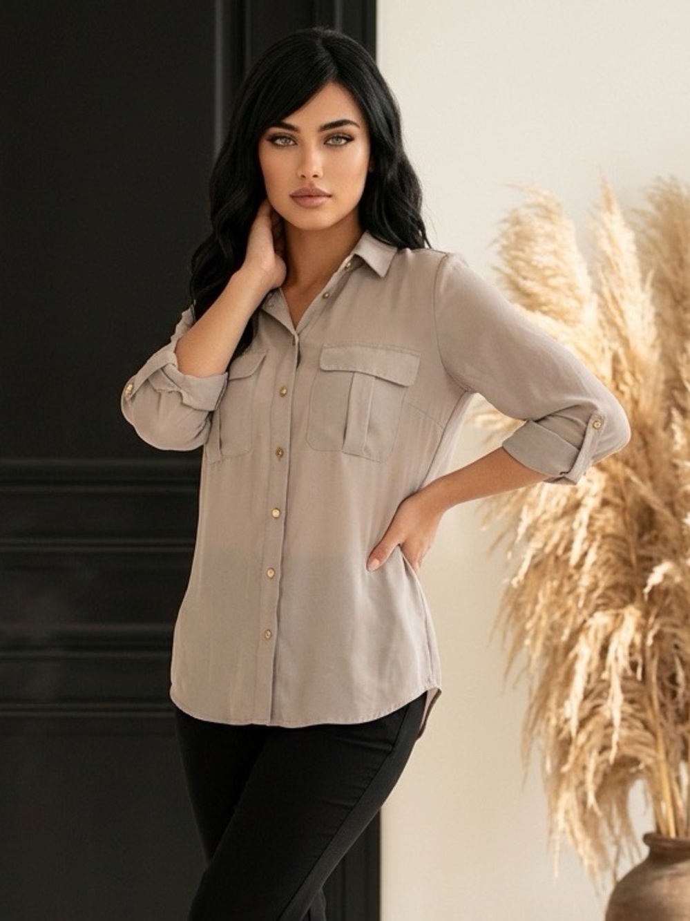 H&M Long Sleeve Collared business office Shirt Top Women's Size 8 Brown EUC